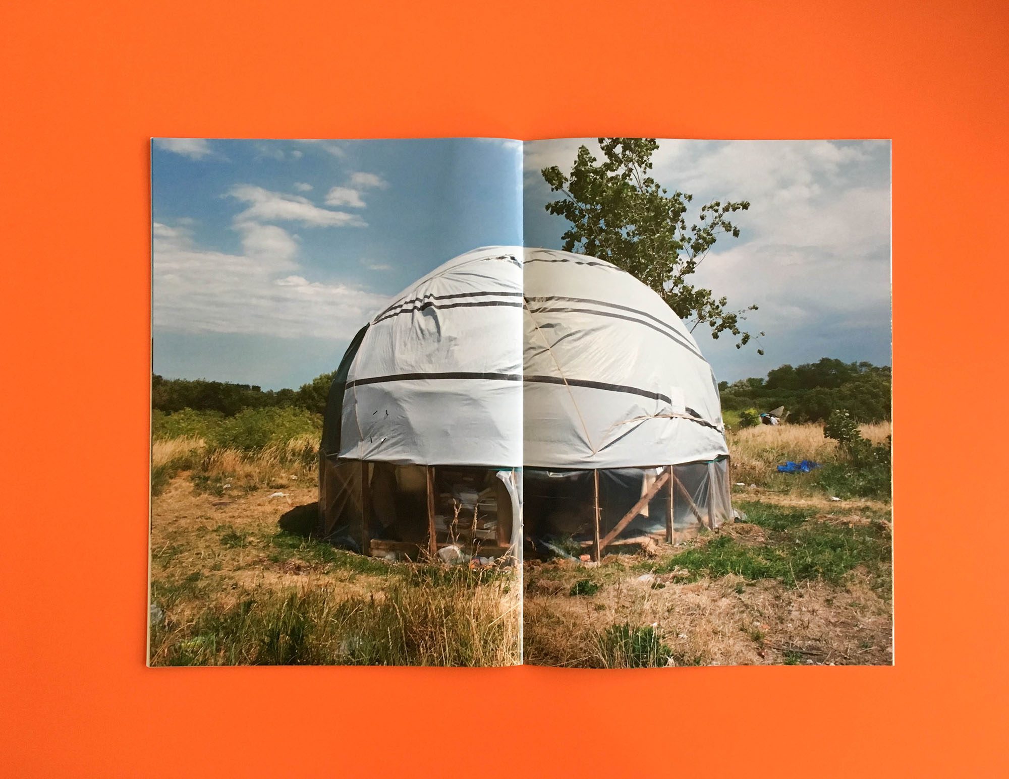 Centre spread: a dome shelter in tall grass