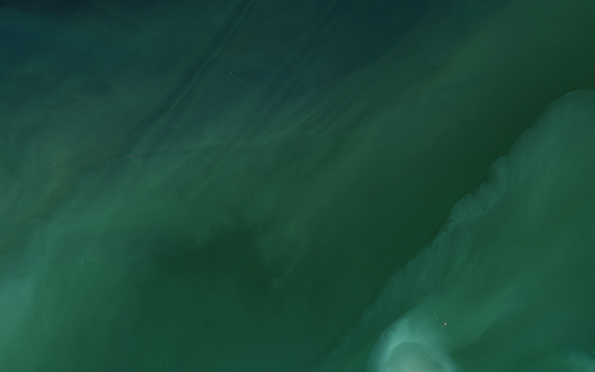 Green water with the frayed edge of a sediment plume