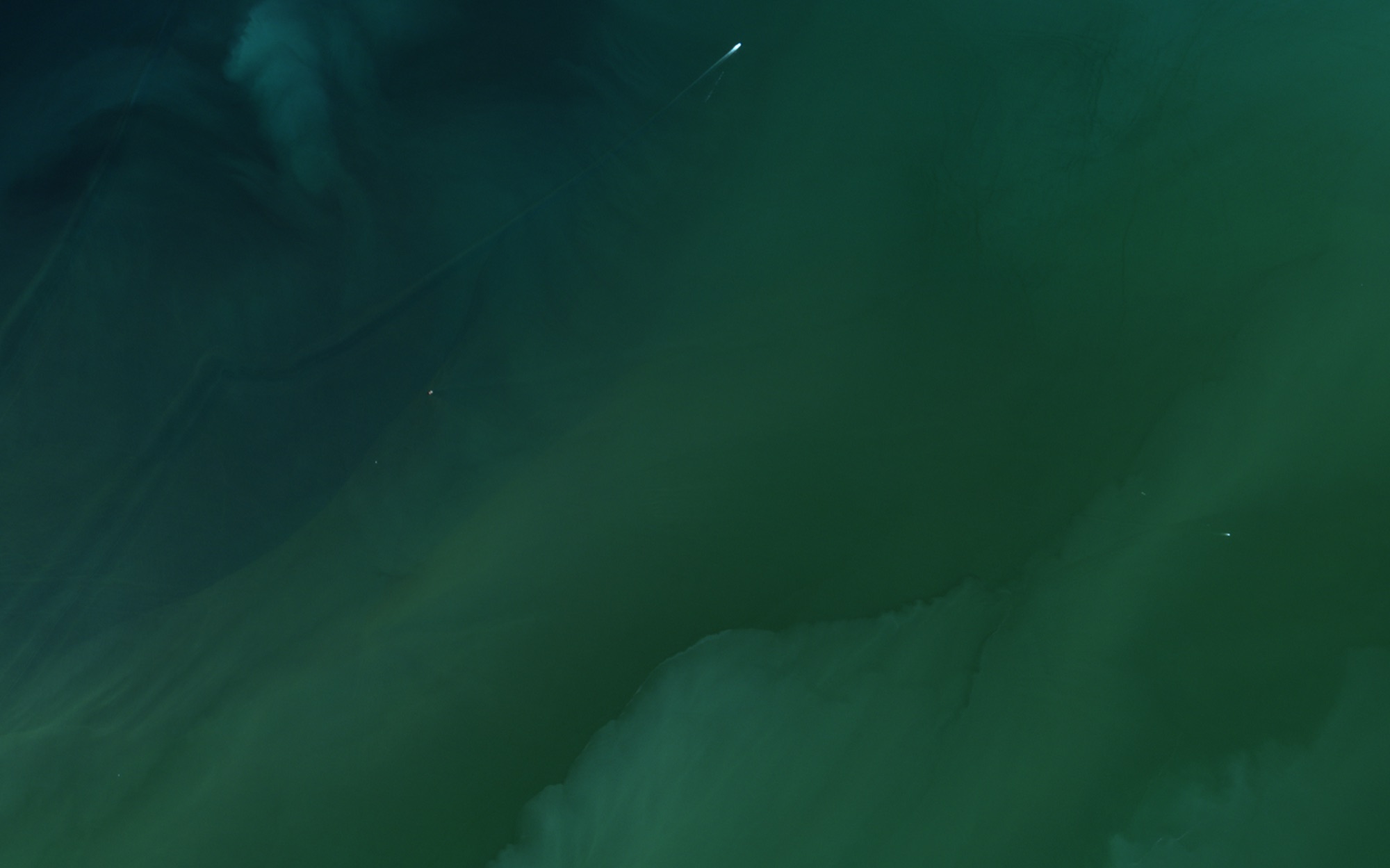Dark green water, a boat wake at the top, pale sediment below